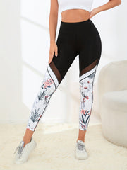 Flower Print Mesh Contrast Yoga Leggings High Stretch Sports Running Tight Pants