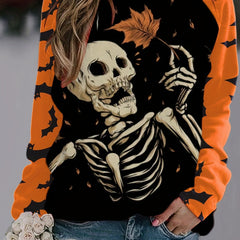 Skeleton Print Colorblock Pullover Sweatshirt for Women