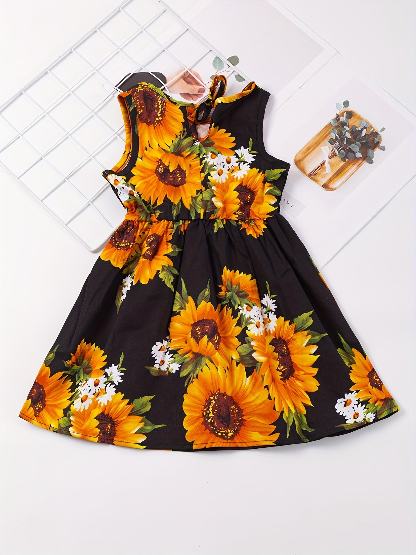 Girl's Sun Flower Sleeveless Strap Dress Comfy Summer Casual