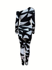 Graphic Print 2 Piece Set One Shoulder Side Split T shirt & Slim Pants