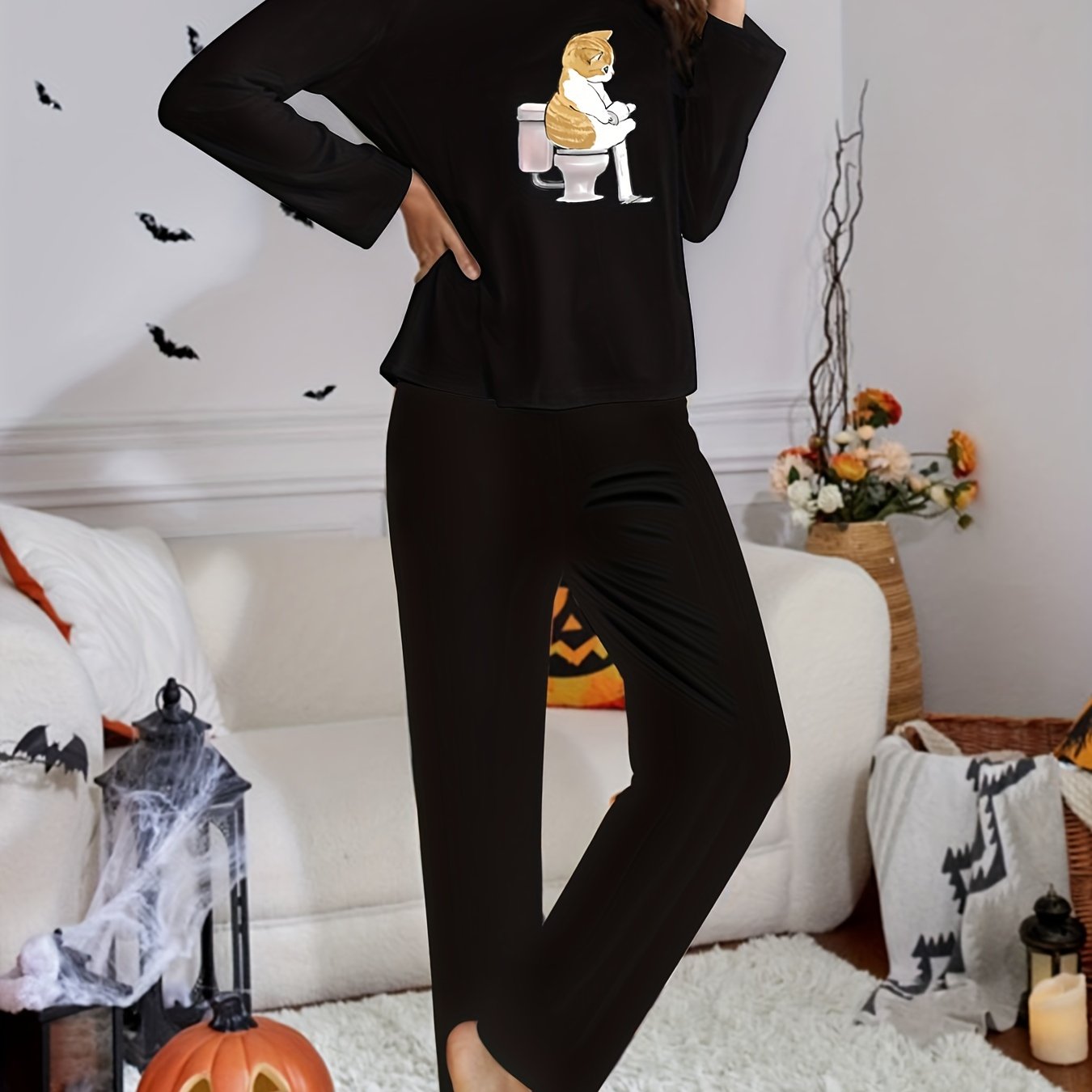 Cat Print Lounge Set Long Sleeve Top & Pants