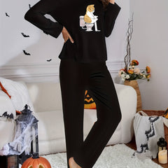 Cat Print Lounge Set Long Sleeve Top & Pants
