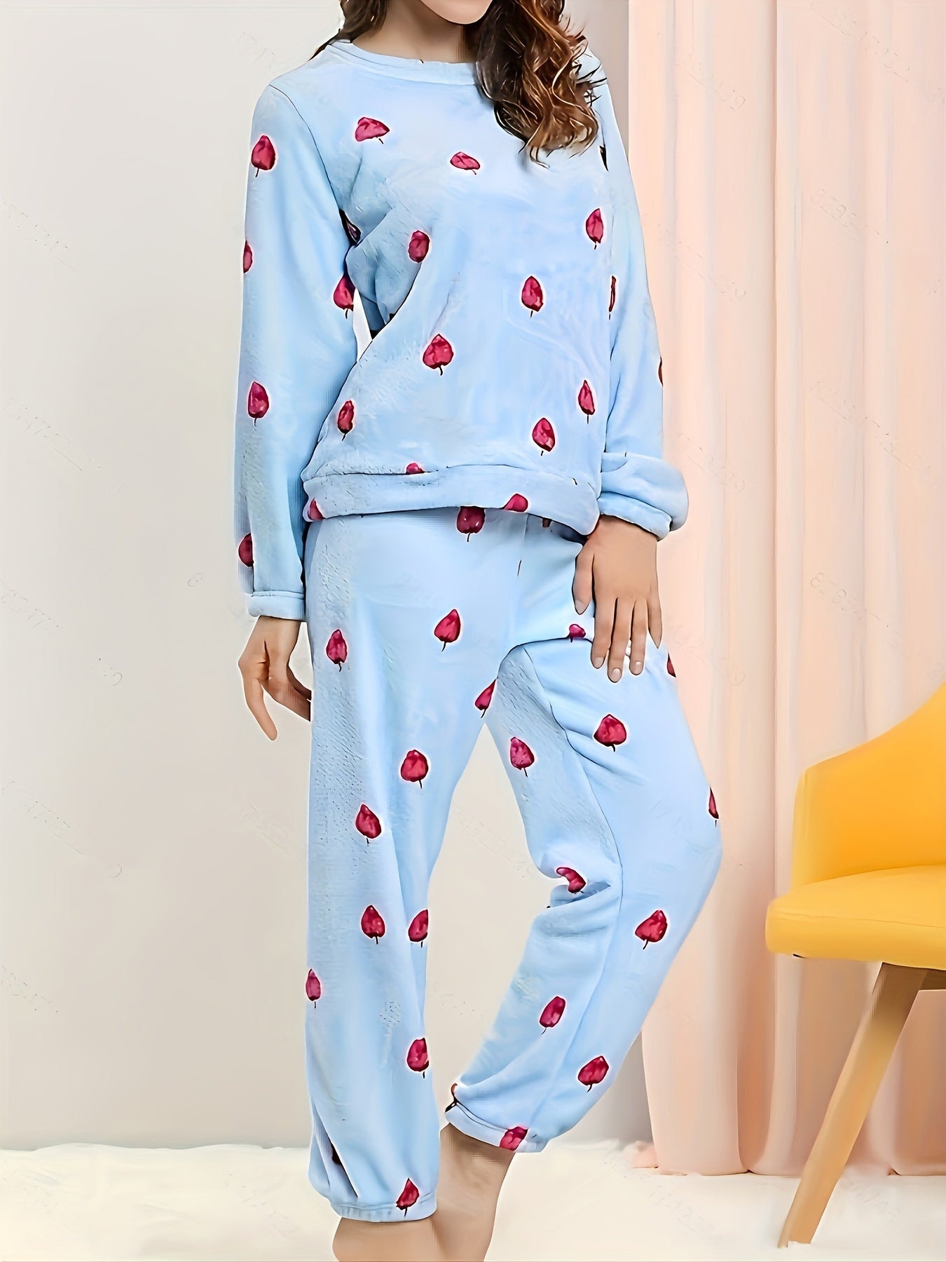Leaves Print Pajama Set Long Sleeve Crew Neck Top & Elastic Waistband Pants