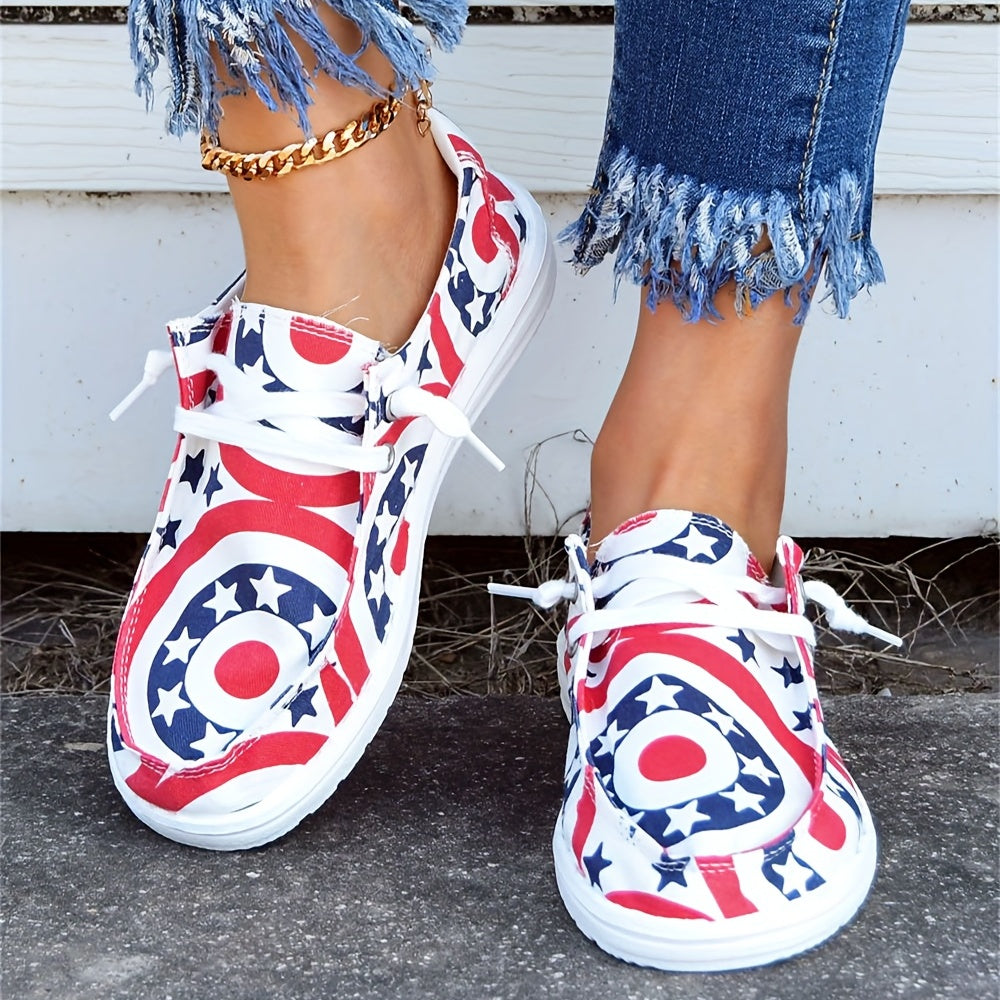Women's Star & Ring Pattern Boat Shoes Independence Patriotic Sneakers