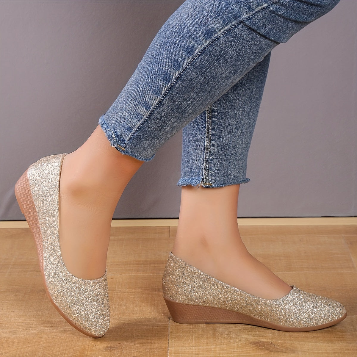 Women's Sequins Ballet Slip On Low Round Toe Soft Slides Shoes