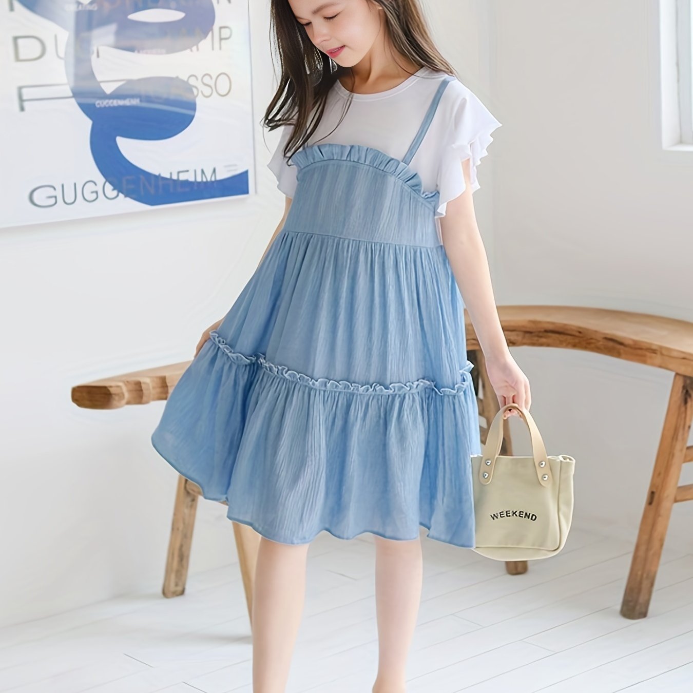 Girl's Cotton Suspenders Skirt Butterfly Sleeves T Shirt Pleated Skirt
