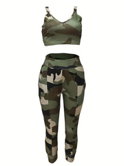 Camo Print Sexy Two piece Set V Neck Sleeveless Top & High Waist Pants