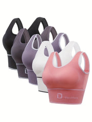 5 Pack Plus Size Sports Bras Set Women's Plus Letter Graphic Contrast Binding