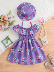 2pcs Toddler Girls Flowers Graphic Dress & Hat Set For Party Beach Vacation
