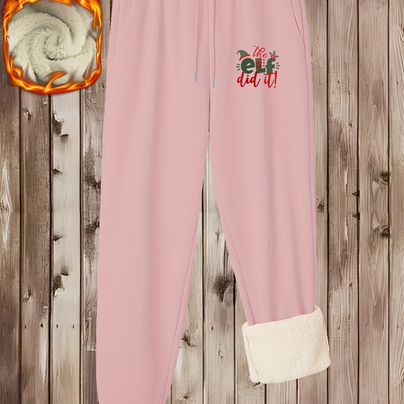 Christmas Casual Pants Women's Plus Letter Print Fleece Liner Elastic
