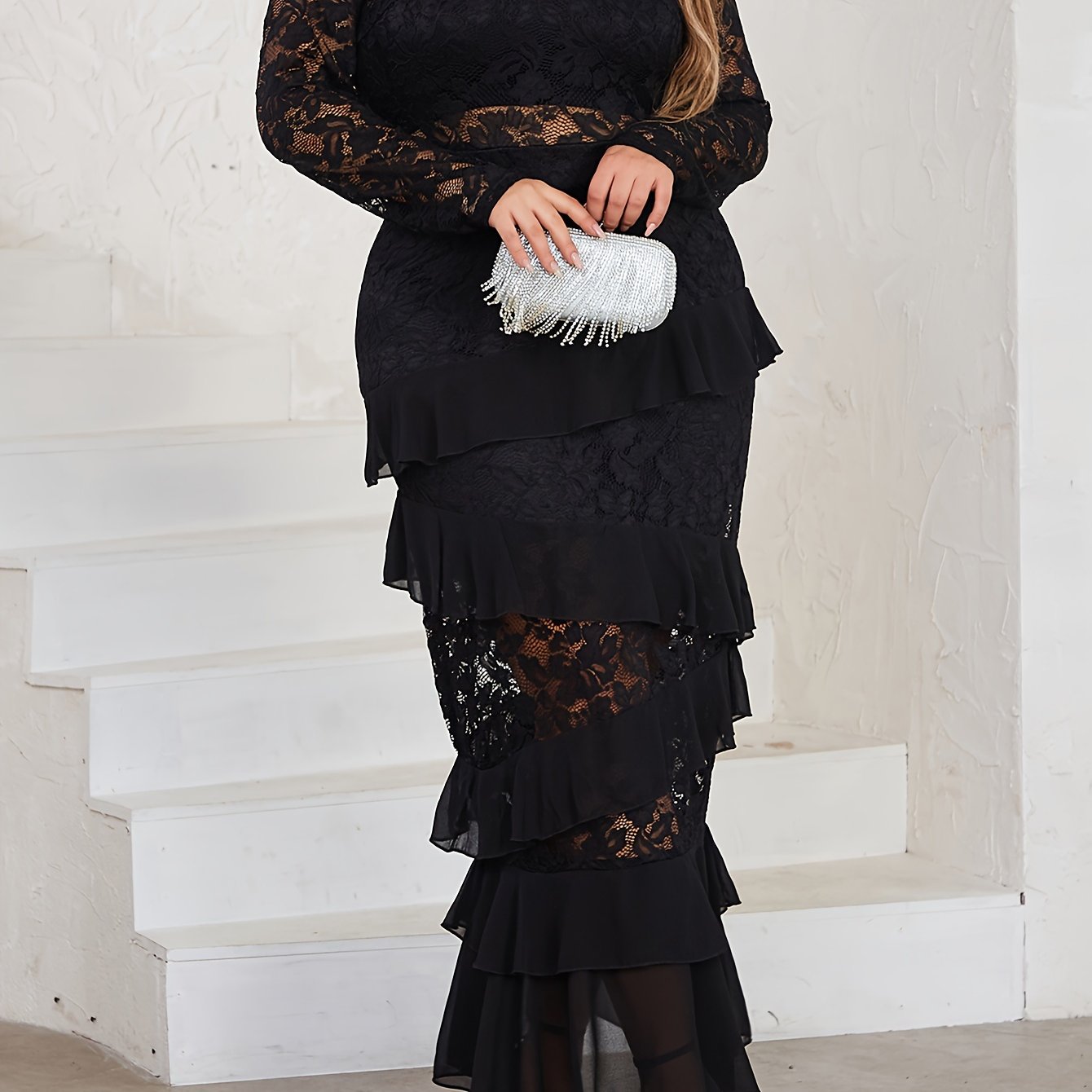 Contrast Lace Long Sleeve Maxi Dress