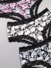 3 Pack Plus Size Gothic Skull & Rose Print Lace Trim Panties Set