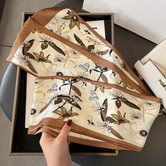Flower Print Skinny Scarf Double Layer Silk Scarf Long Ribbon Neck Tie
