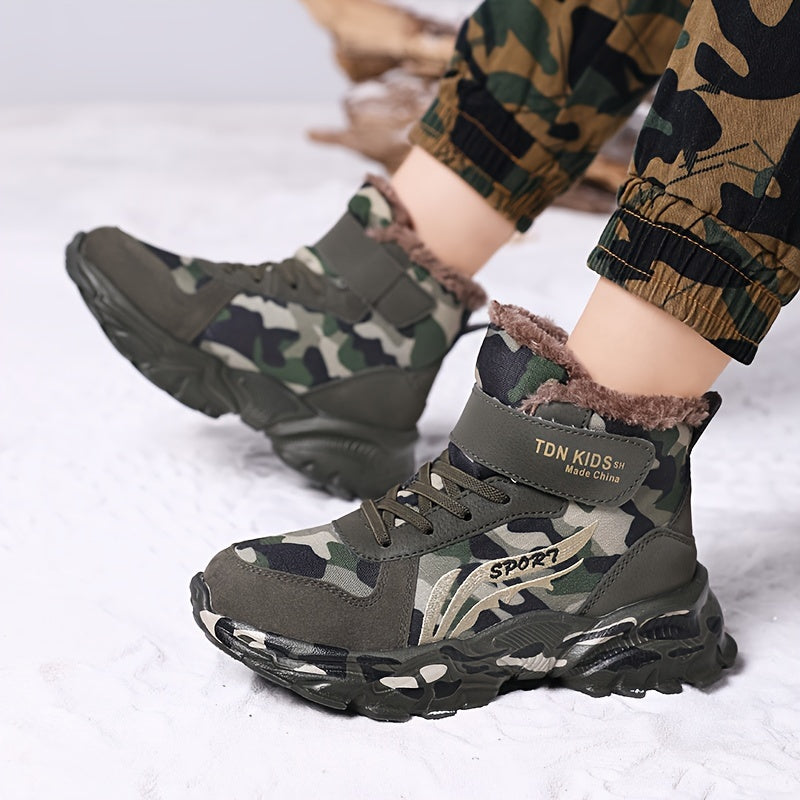 Boy's High Top Camo Hiking Boots Plush Lining Warm Non Slip