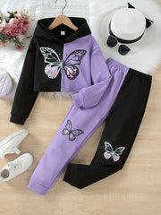 Girl's Butterfly Print Hoodie and Sweatpants Set