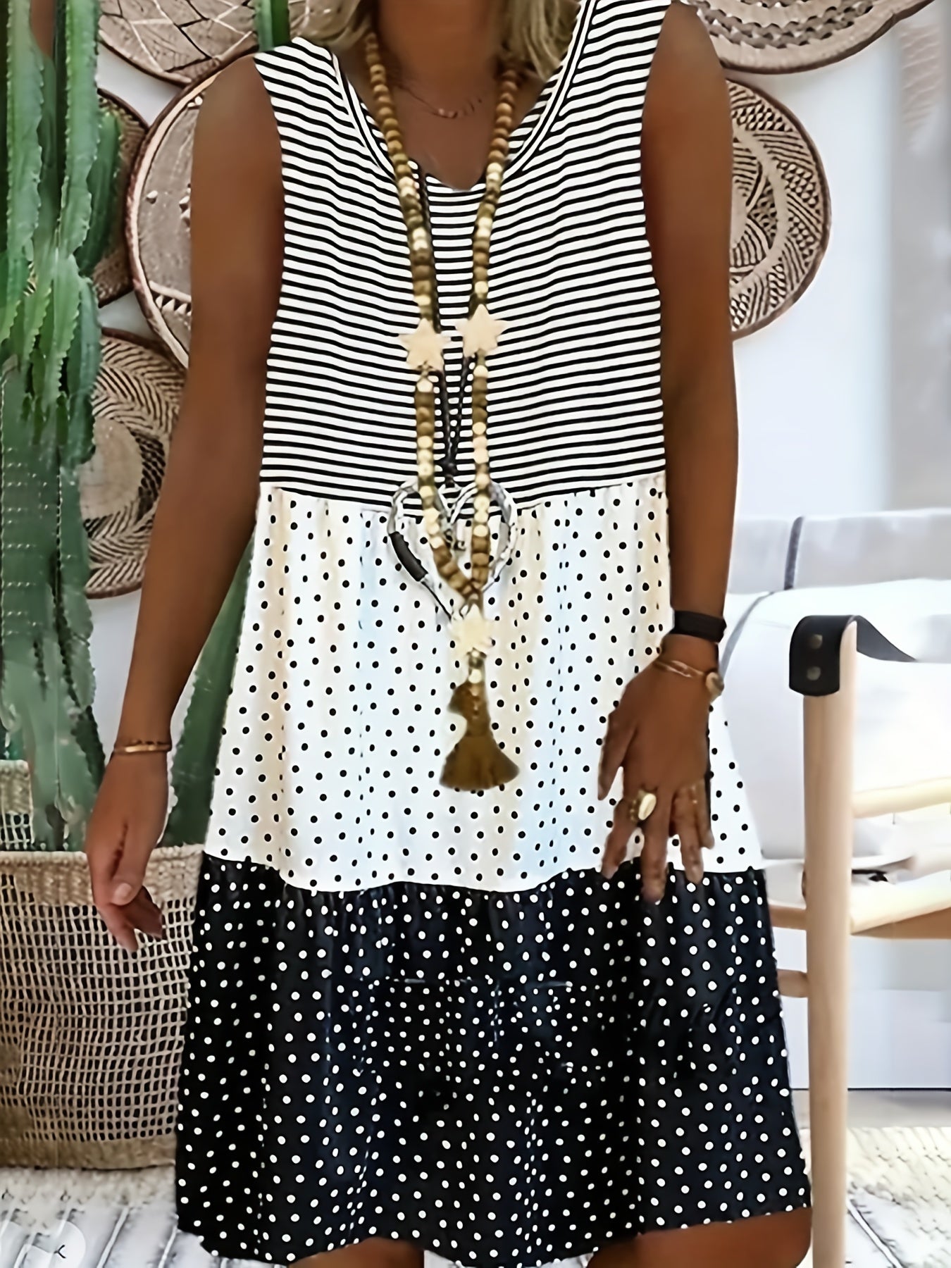 Colorblock Pin Dots & Stripe Print Tank Dress