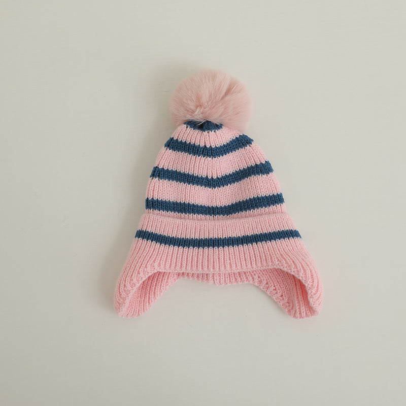 Striped Wool Ball Knitted Hat for Baby Boy and Girl