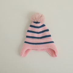 Striped Wool Ball Knitted Hat for Baby Boy and Girl