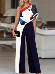 Abstract Print One Shoulder Wide Leg Jumpsuit