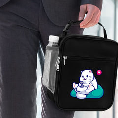 Cat Print Bento Bag Insulated Lunch Box Zipper Closure Large Capacity