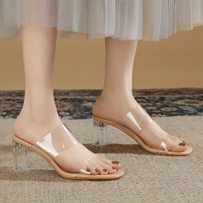 Crystal Block Heel Sandals Double Strap Pumps Square Toe Women's Summer Heels