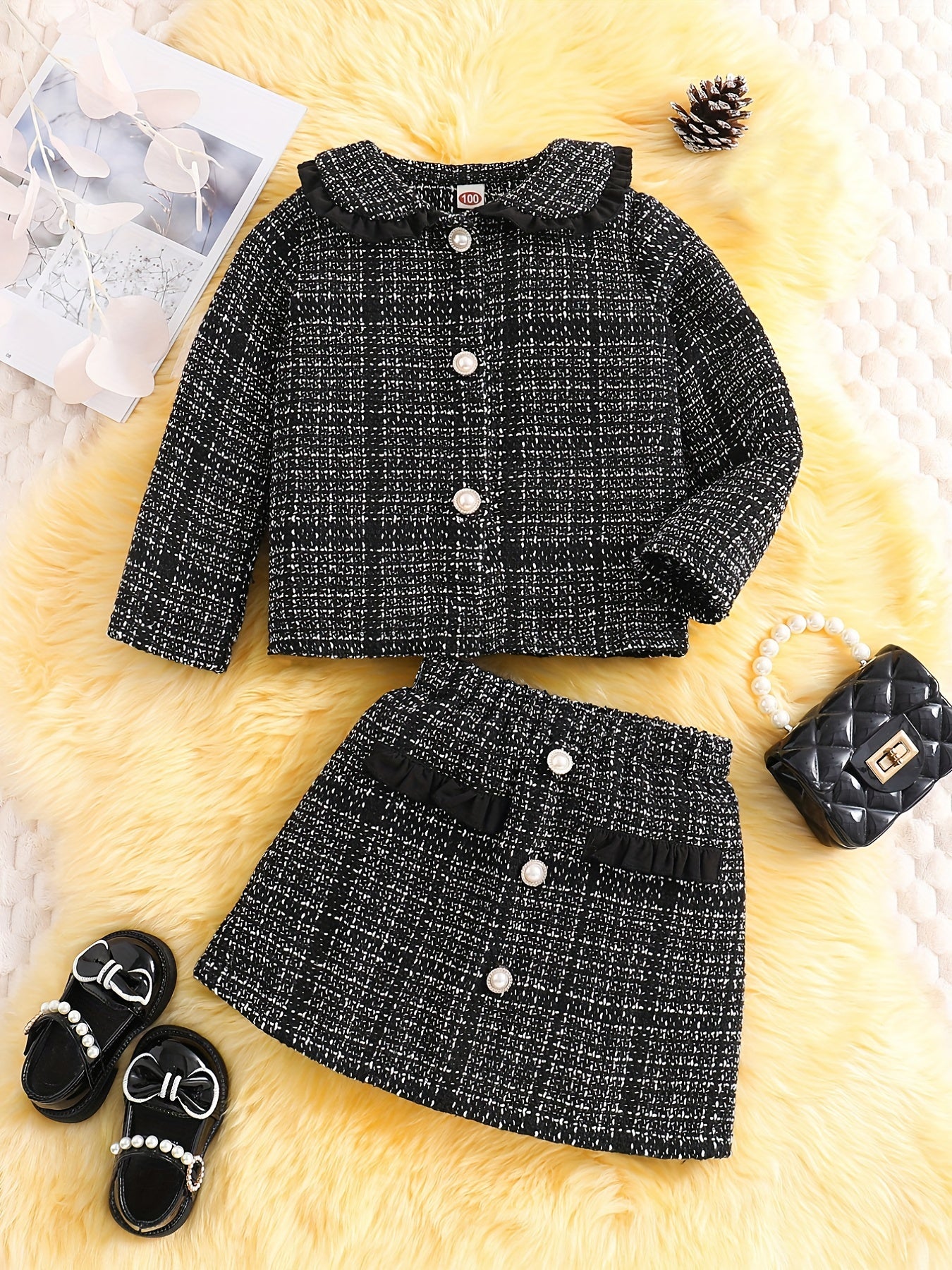 Girl's Tweed Outfit 2pcs Doll Collar Coat & Skirt Set For Spring Autumn