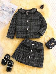 Girl's Tweed Outfit 2pcs Doll Collar Coat & Skirt Set For Spring Autumn
