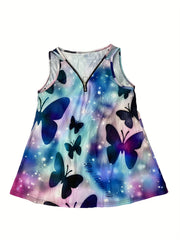 Butterfly Print Zipper Front V Neck Tank Top