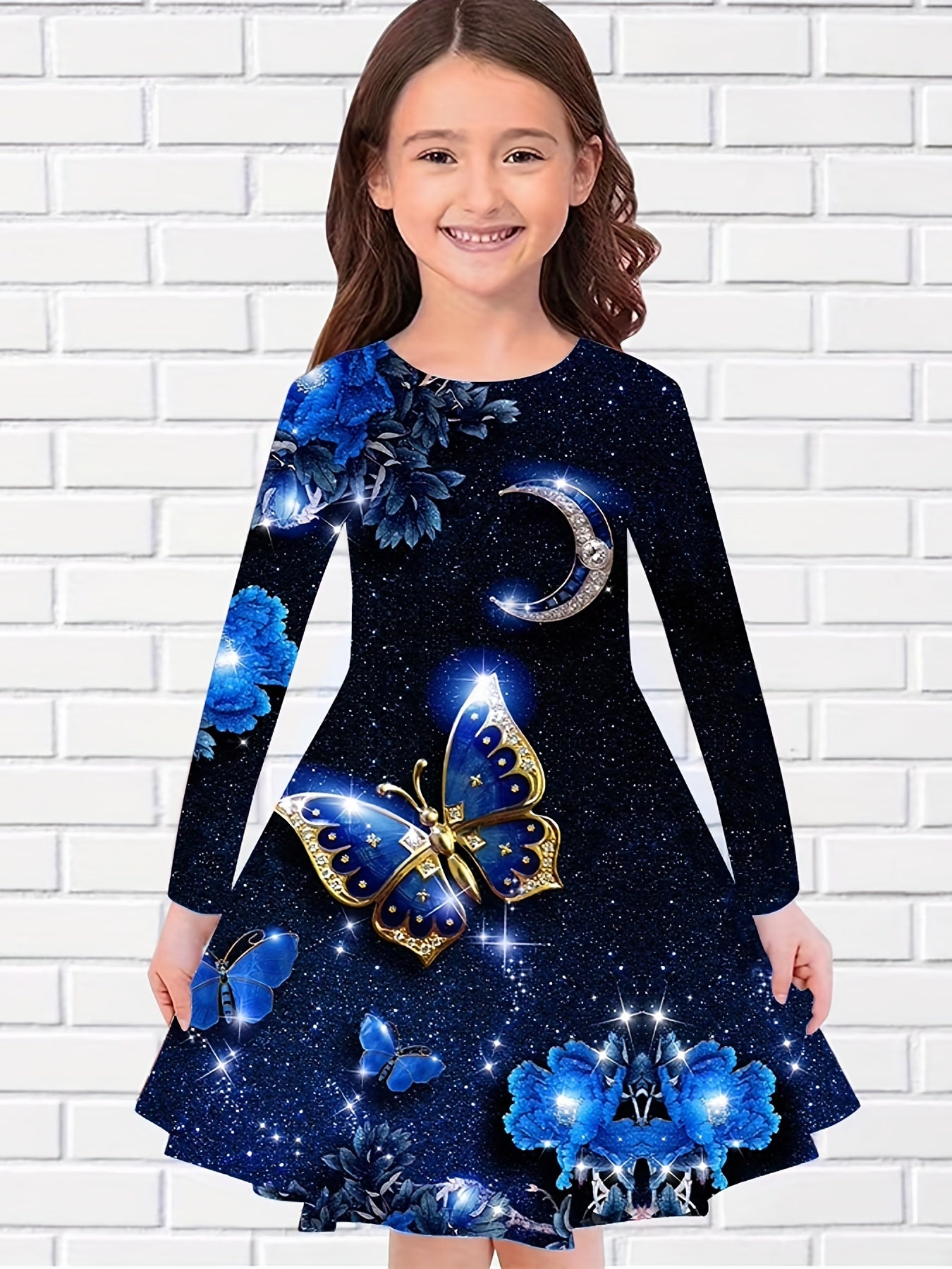 Dreamy Butterfly Starry Night Long Sleeve Dress Girls Party