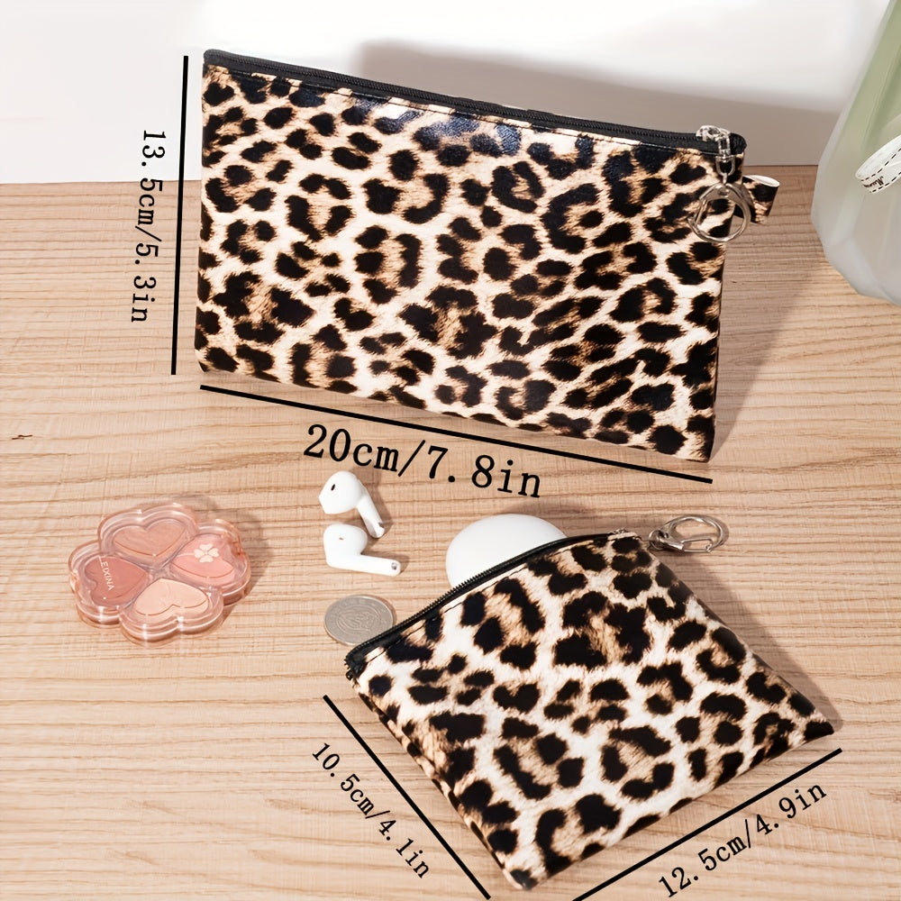 Leopard Print Cosmetic Bag Women Zipper Makeup Pouch Keychain Travel Organizer