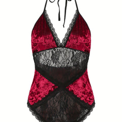 Colorblock Floral Mesh Lace Halter Neck Bodysuit