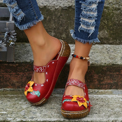 Women's Tribal Platform Mules Floral Print Clogs Closed Toe Shoes
