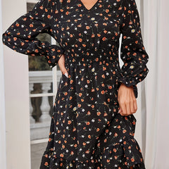 Ditsy Floral Print Shirred Dress V-Neck Ruffle Trim Women's Clothing
