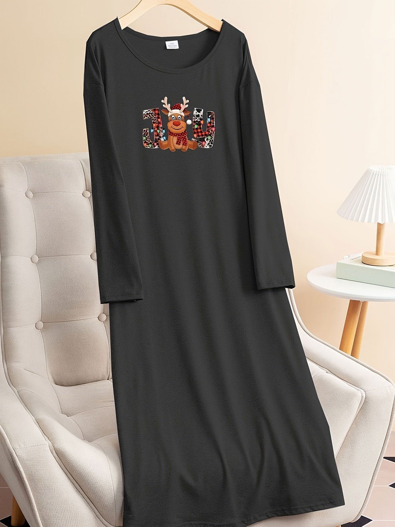 Plus Size Christmas Lounge Dress Elk & Letter Graphic Long Sleeve Tee Dress