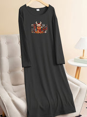 Plus Size Christmas Lounge Dress Elk & Letter Graphic Long Sleeve Tee Dress