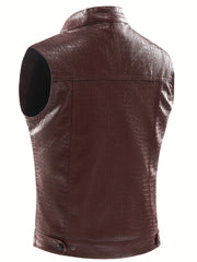 Men's Casual PU Leather Vest Button Up Lapel Sleeveless Punk Style