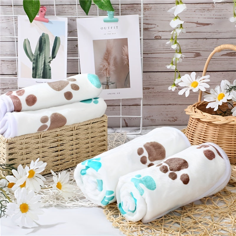 Soft Warm Dog Blanket Grey Paw Pattern Fluffy Mat for Dogs Cats