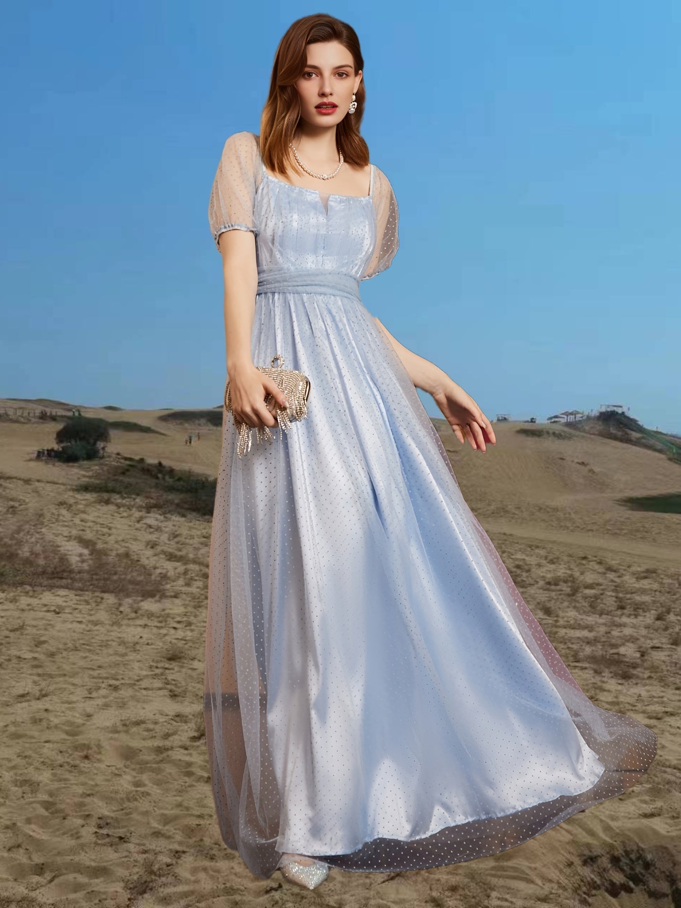 Mesh Short Sleeve Dress Square Neck Bridesmaid Party Guest Evening Gown Dress