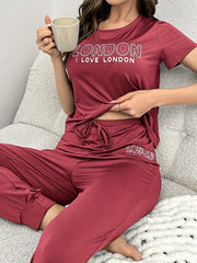 Letter Print Pajama Set Short Sleeve Crew Neck Top & Elastic Waistband Pants