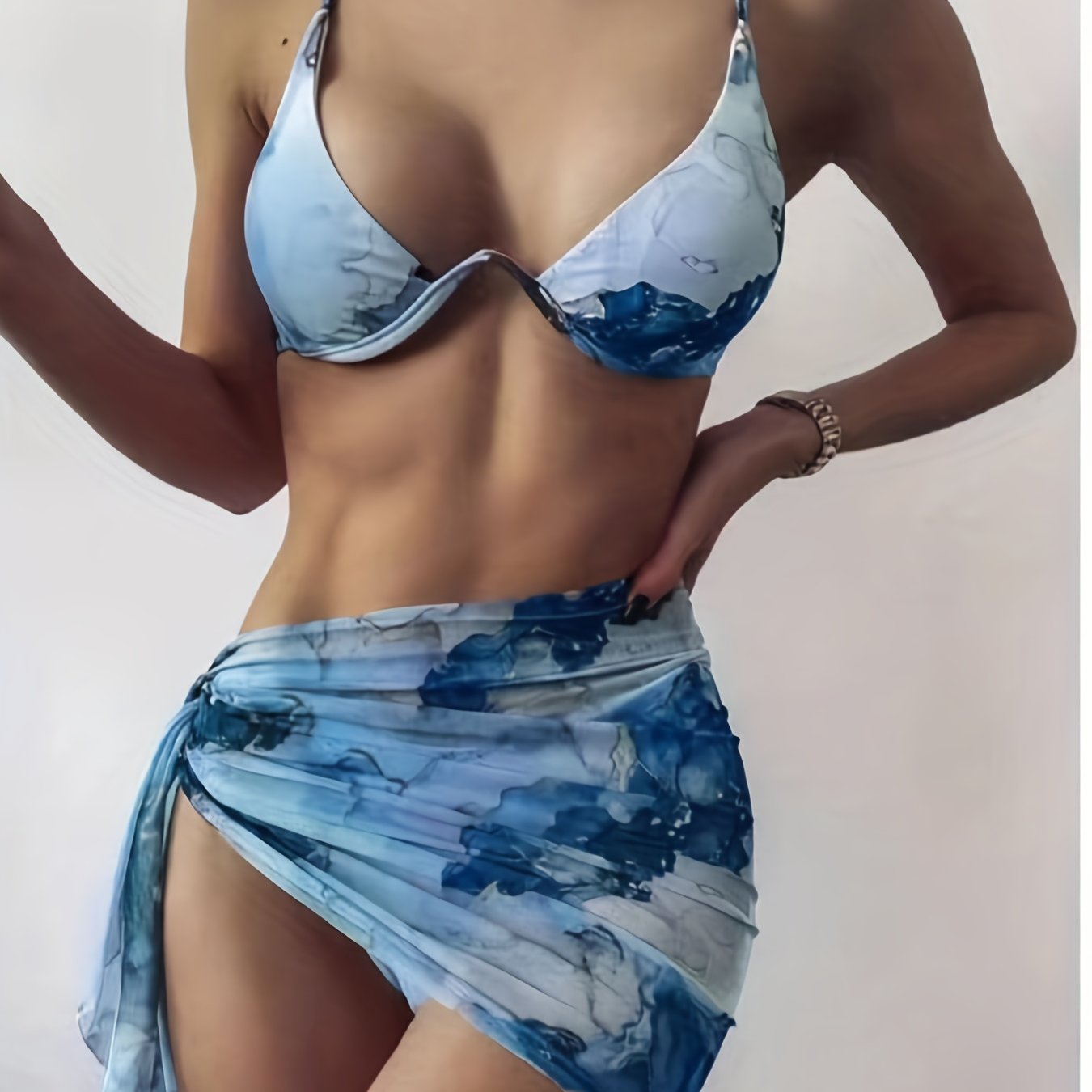 Marble Print Bikini Set with Wrap, Beachwear 3 Piece