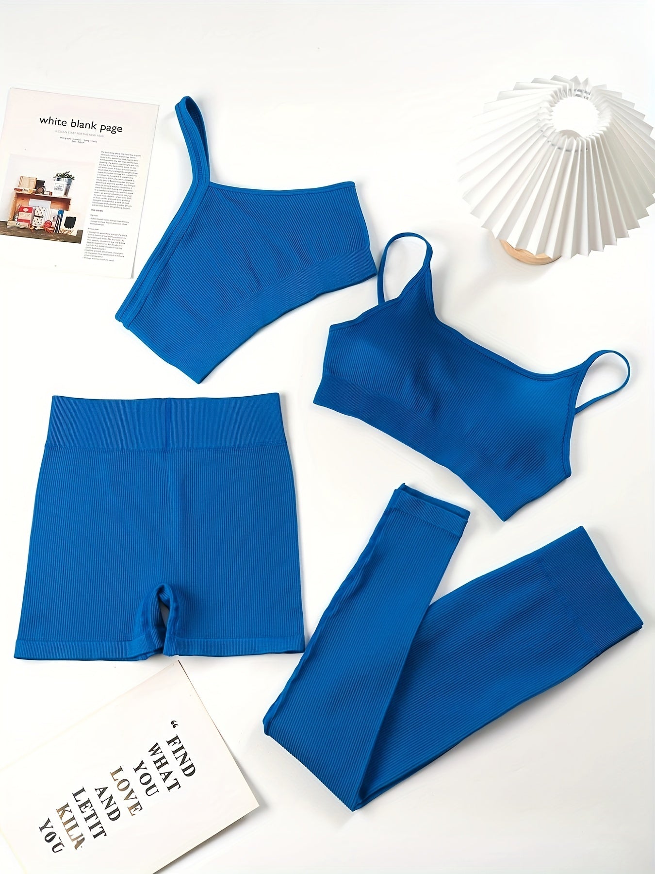 4pcs Yoga Sets Cami Sports Top One Shoulder Crop Top High Waist Shorts & Legging
