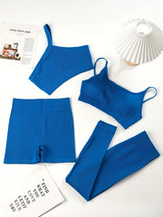 4pcs Yoga Sets Cami Sports Top One Shoulder Crop Top High Waist Shorts & Legging