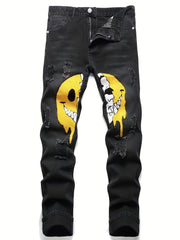 Smiling Face Pattern Ripped Jeans Men's Street Style Denim Pants