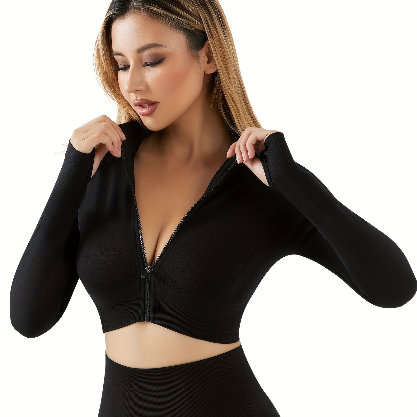 Full Zipper Running Jacket Long Sleeve Yoga Sports Crop Top With Thumb Holes