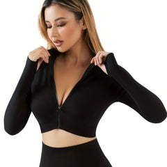 Full Zipper Running Jacket Long Sleeve Yoga Sports Crop Top With Thumb Holes