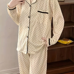 Polka Dot Print Pajama Set Long Sleeve Top & Pants Women's Sleepwear