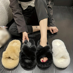 Women's Cross Straps Plush Slippers Open Toe Cozy Indoor Shoes