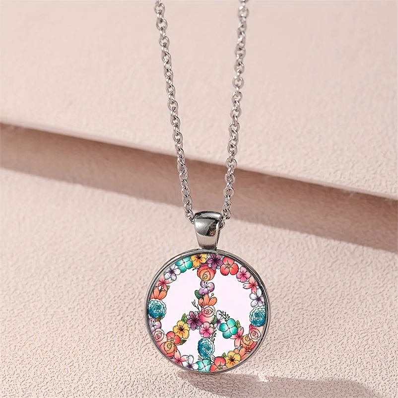 Sweet Flower Peace Sign Round Pendant Necklace for Girls