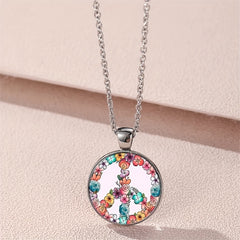 Sweet Flower Peace Sign Round Pendant Necklace for Girls