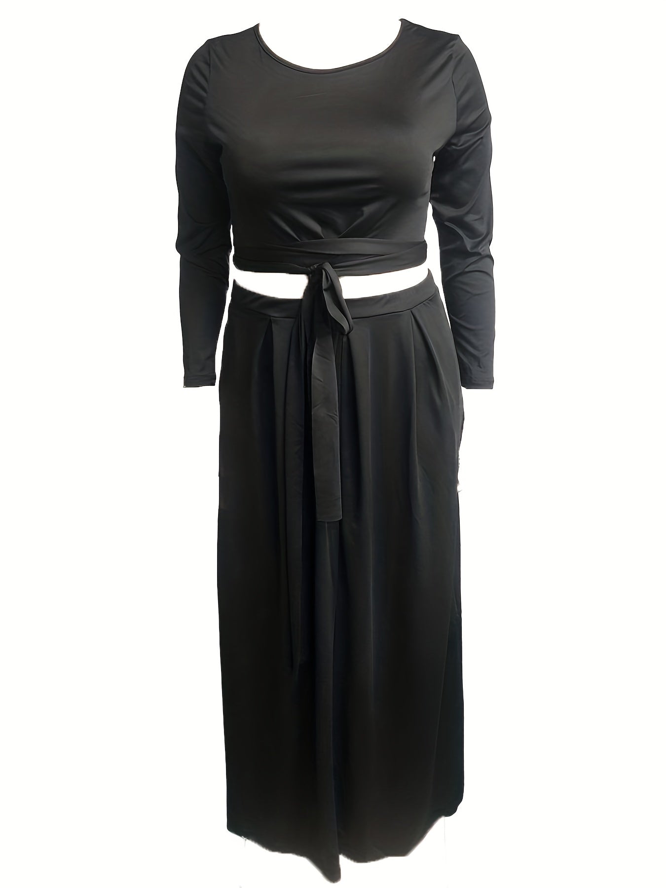 Solid Long Sleeve Crop Top & Maxi Skirt Two Piece Set